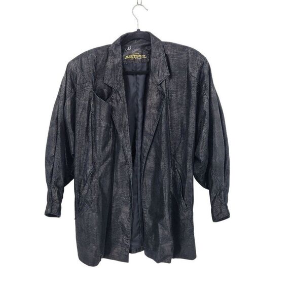 Vtg 80s Genuine Leather Jacket Sz L Black Oil Slick Textured Batwing Oversized - Picture 1 of 12